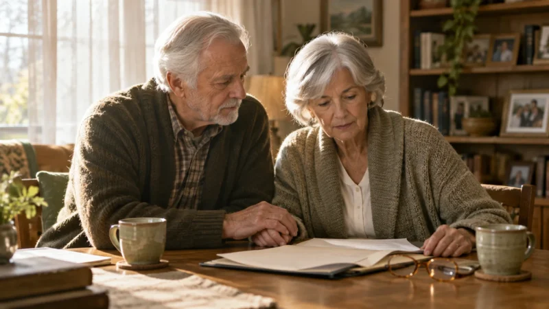 An older man and woman seated at a wooden table reviewing printed documents together in a sunlit living room.