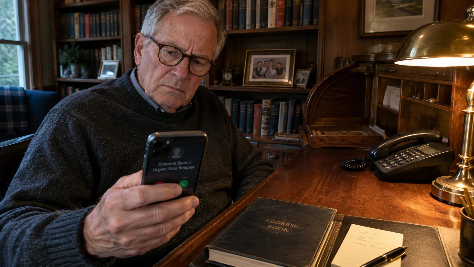 An older man wearing glasses looks concerned while holding a smartphone displaying an urgent wire request spam call alert.