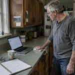 A man stands in his kitchen looking down at an open laptop near a calendar and bills on the counter.