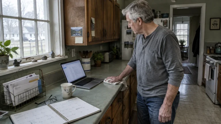 A man stands in his kitchen looking down at an open laptop near a calendar and bills on the counter.