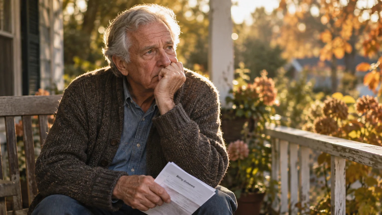 An older man sits on a wooden porch bench holding a billing statement with a worried expression on his face.