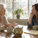 An older woman talks with an adult woman across a sunlit wooden table set with tea and a notepad.