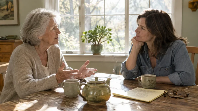 An older woman talks with an adult woman across a sunlit wooden table set with tea and a notepad.