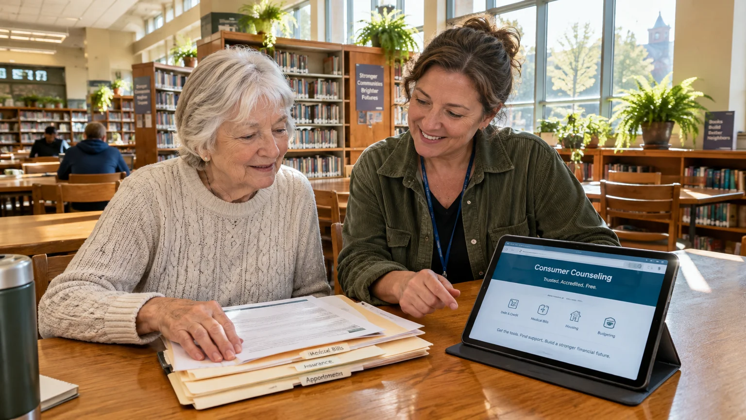 A counselor and a senior woman review paperwork and a tablet displaying a consumer counseling website in a library.