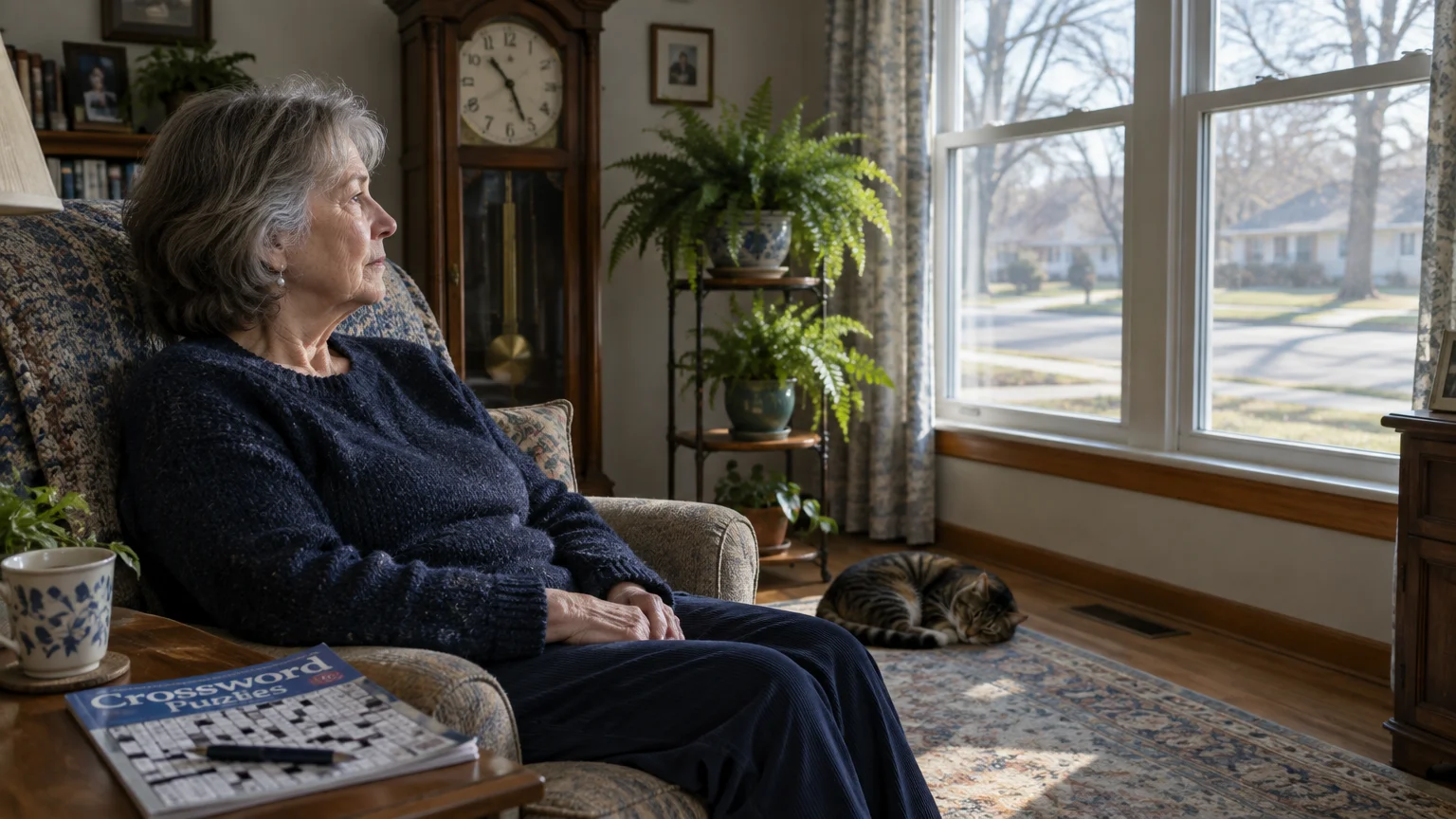 An older woman sits in an armchair looking out a window, with a crossword puzzle nearby and a sleeping cat on the floor.