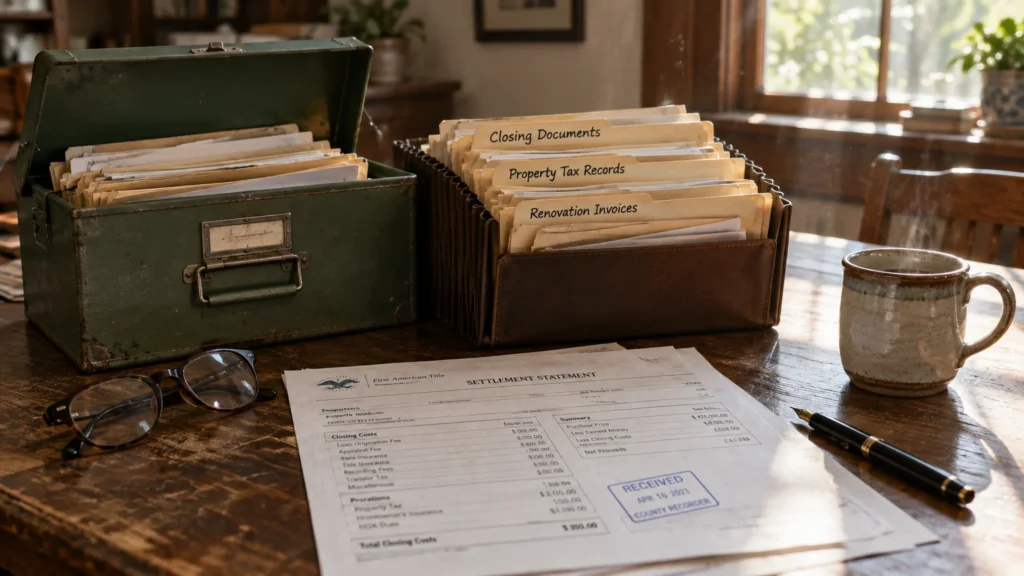 A settlement statement paper on a desk alongside file boxes labeled closing documents, property taxes, and renovations.
