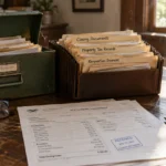 A settlement statement paper on a desk alongside file boxes labeled closing documents, property taxes, and renovations.