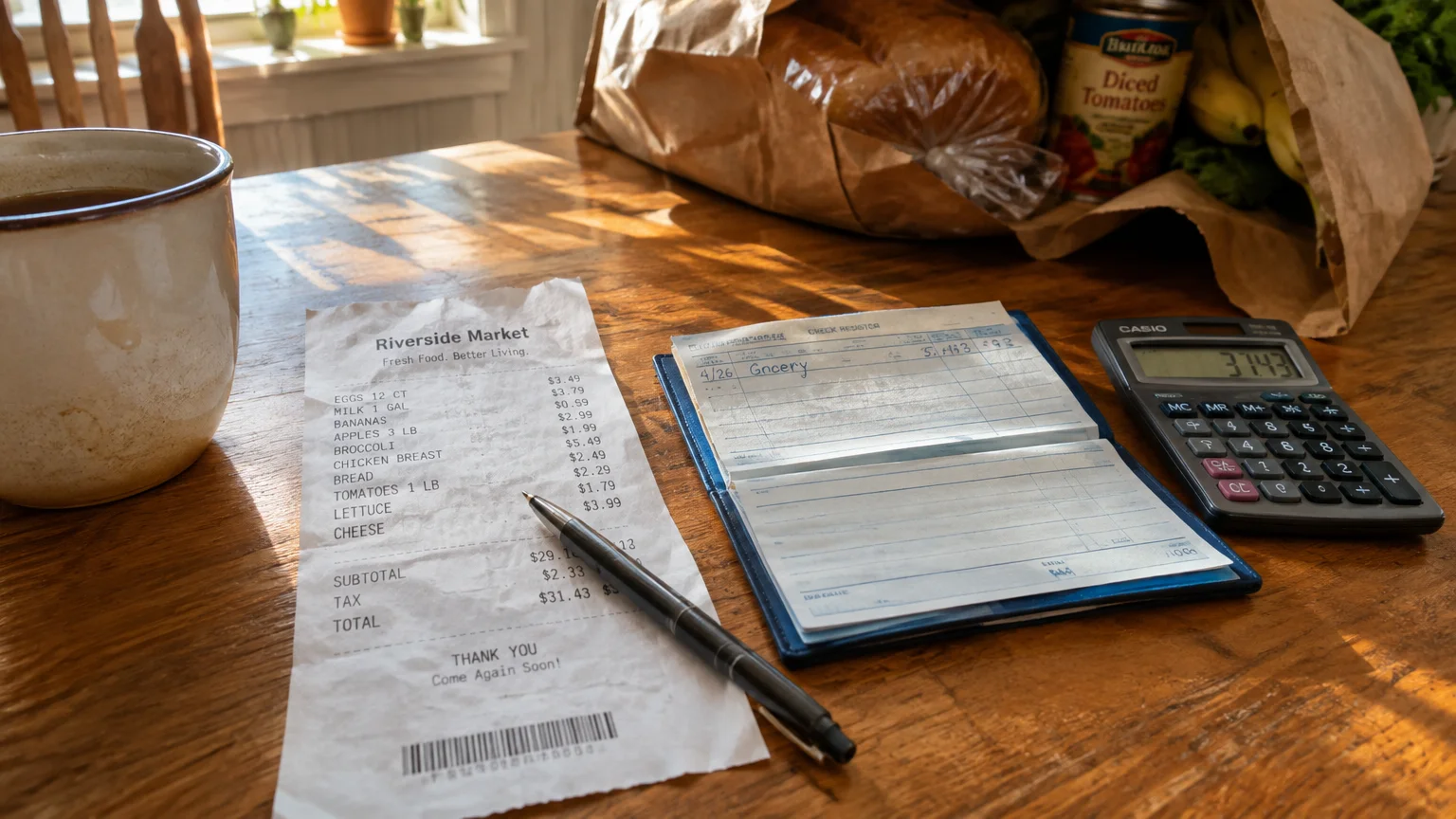 Grocery receipt, checkbook register, pen, calculator, and mug on a wooden table next to grocery bags.