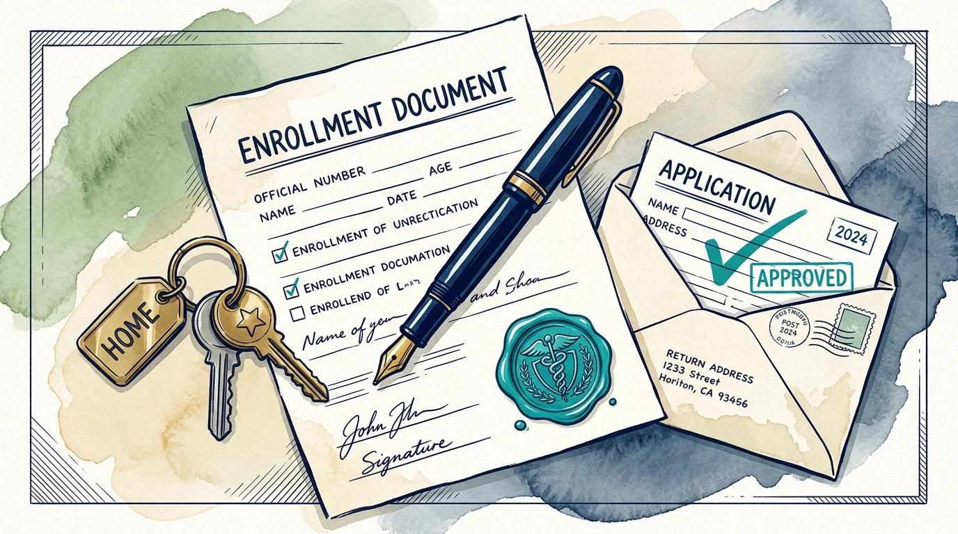 Ink and gouache illustration of a signed enrollment document, fountain pen, house keys, and an approved application envelope.
