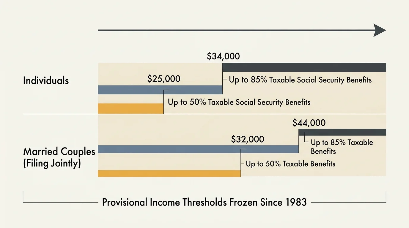 Chart of provisional income thresholds and taxable Social Security benefit tiers for individuals and married couples.