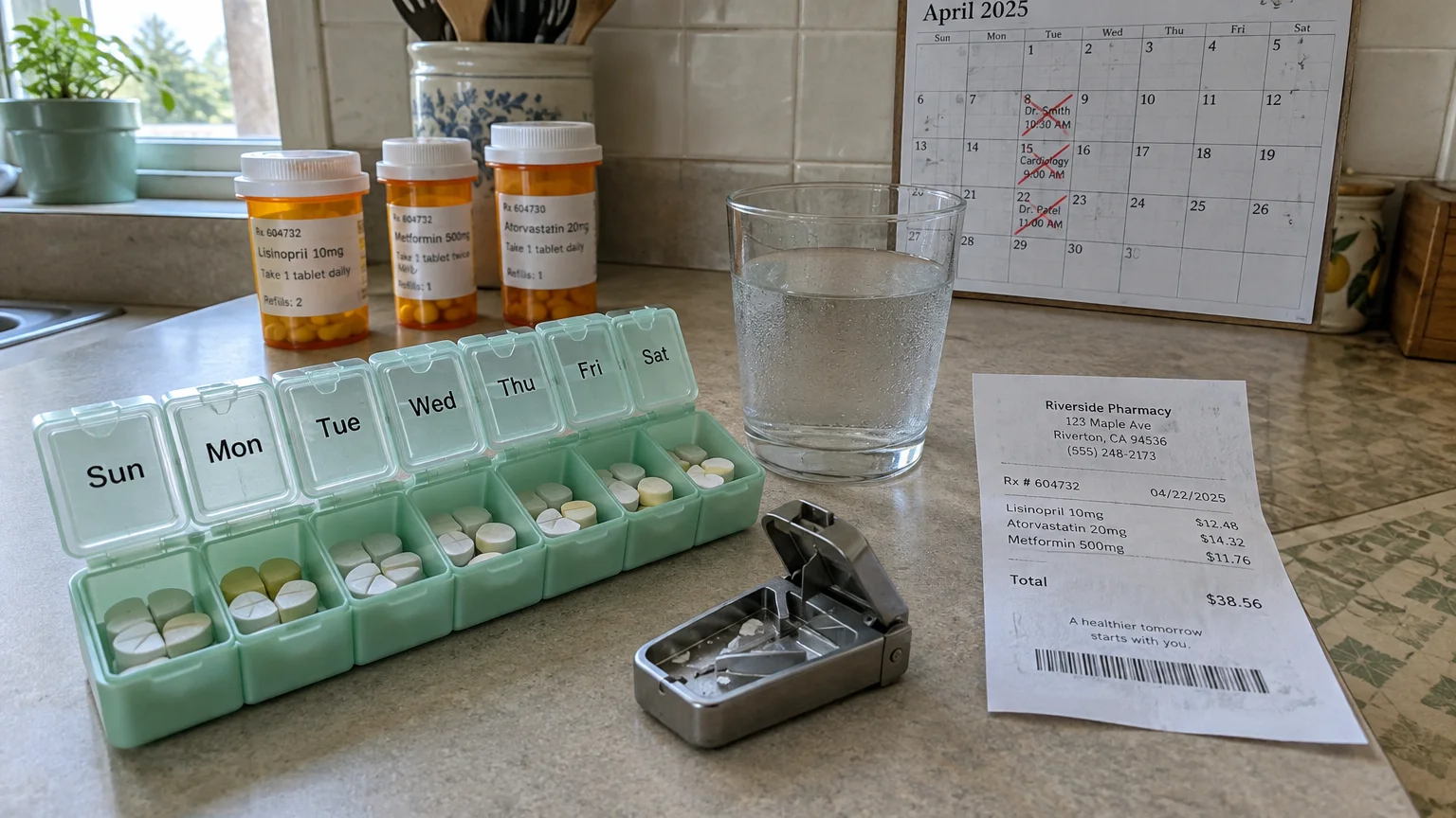 Pill organizer with split tablets beside prescription bottles, a pill cutter, a water glass, and a pharmacy receipt.