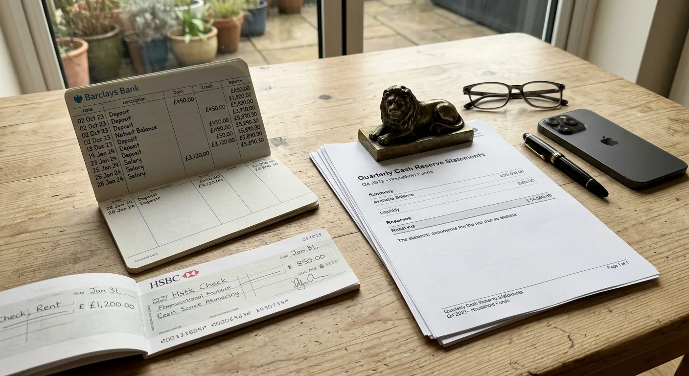 A bank passbook, checkbook, cash reserve statements with a lion paperweight, eyeglasses, and a smartphone on a wooden desk.
