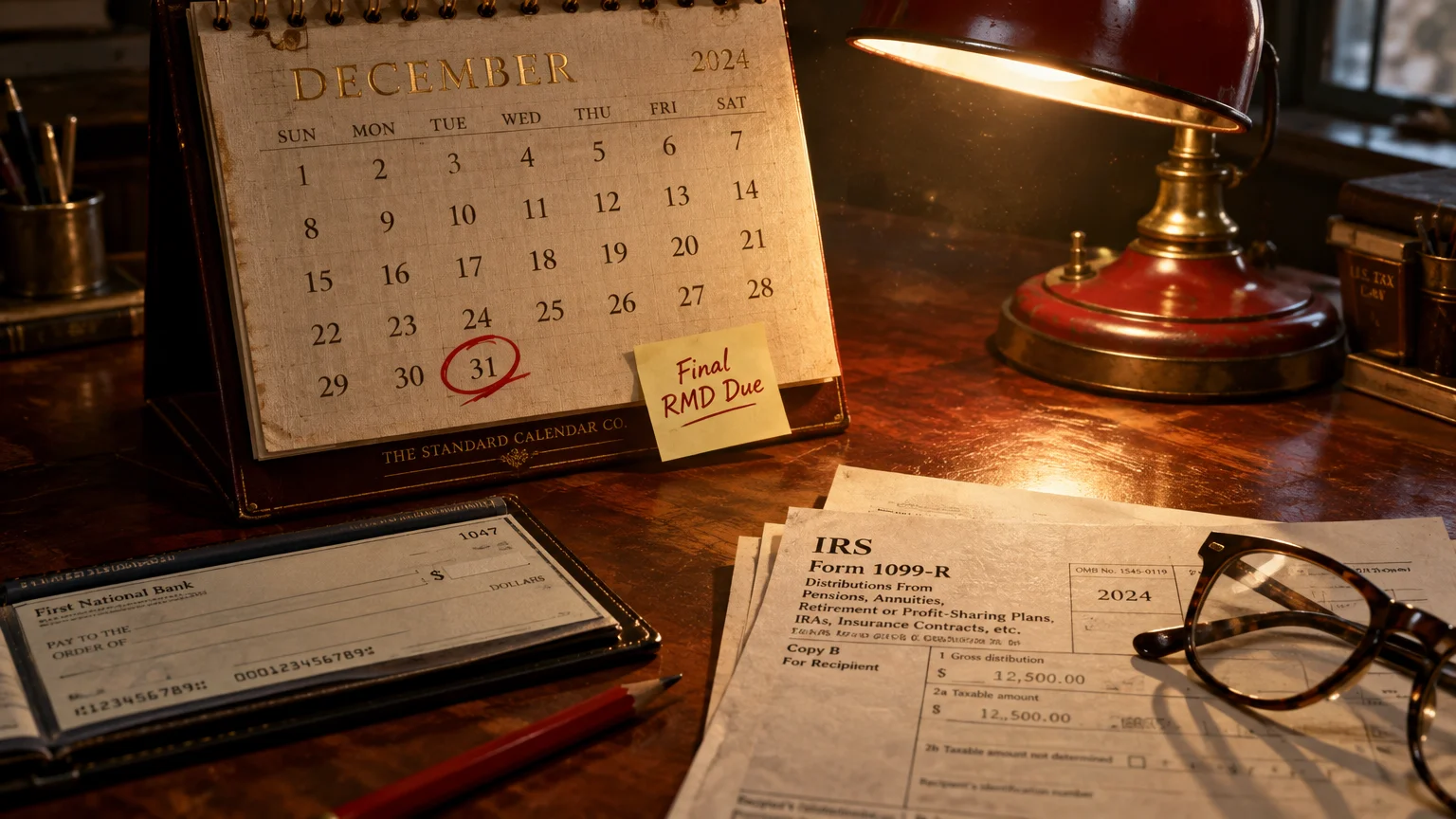 A desk calendar circled on December 31 with a note reading "Final RMD Due," near an IRS tax form, checkbook, and glasses.