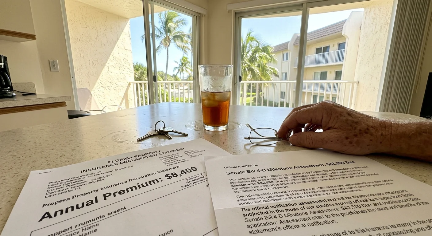 Insurance statement and Senate Bill 4-D notice on a table beside an iced drink, keys, and an elderly person's hand.