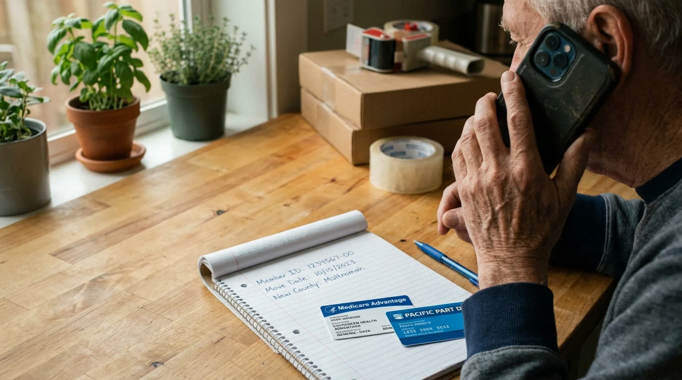 A man talking on a smartphone at a desk beside Medicare cards, notes, packing tape, and cardboard boxes.