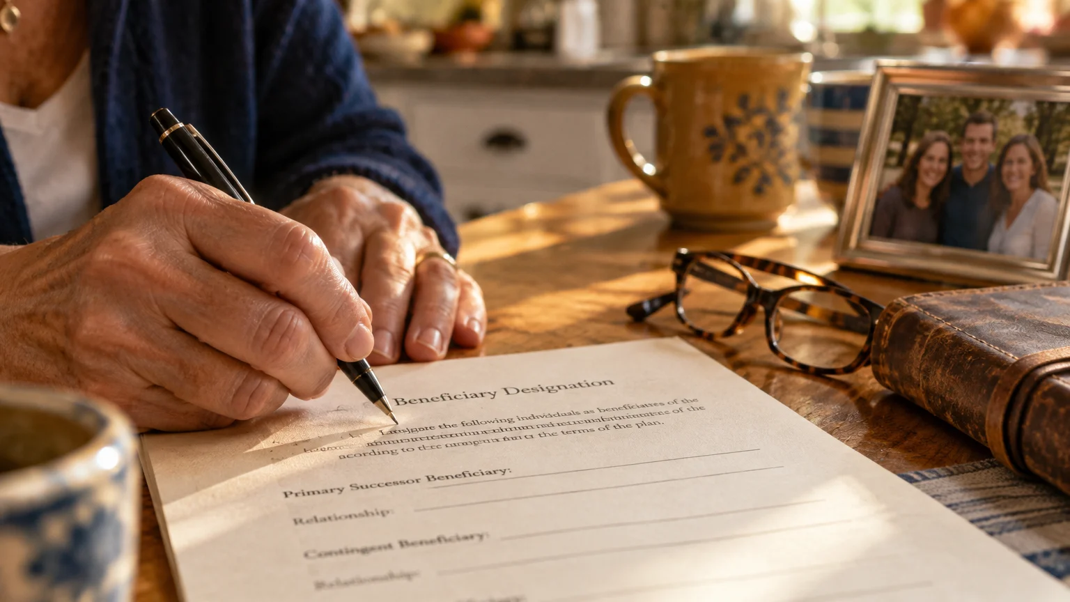 Close-up of hands filling out a Beneficiary Designation form on a wooden table beside glasses and a framed photo.