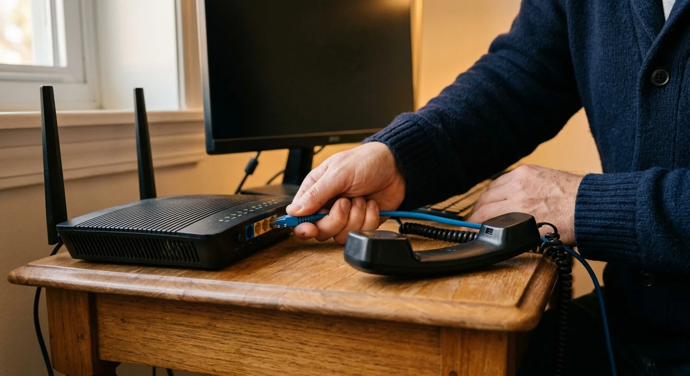 A person's hand unplugging a blue Ethernet cable from a Wi-Fi router on a wooden desk next to a phone receiver.
