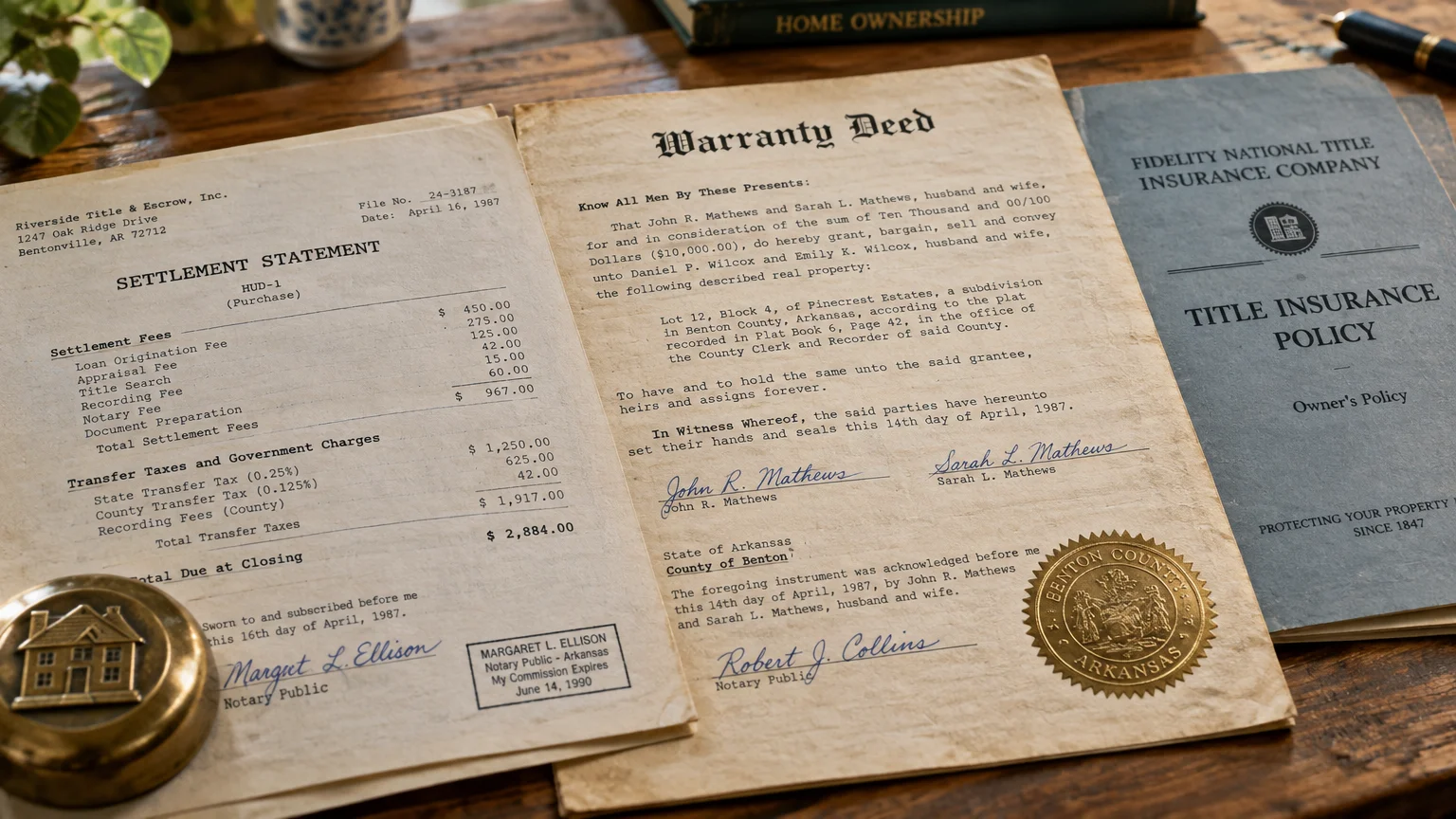 A HUD-1 settlement statement, warranty deed with gold seal, and title insurance policy booklet arranged on a wooden desk.