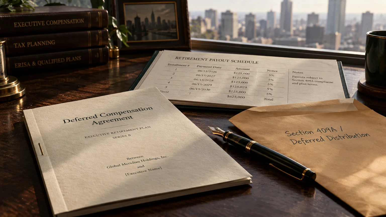 Deferred compensation agreement, payout schedule document, and fountain pen on a wooden desk overlooking a city skyline.