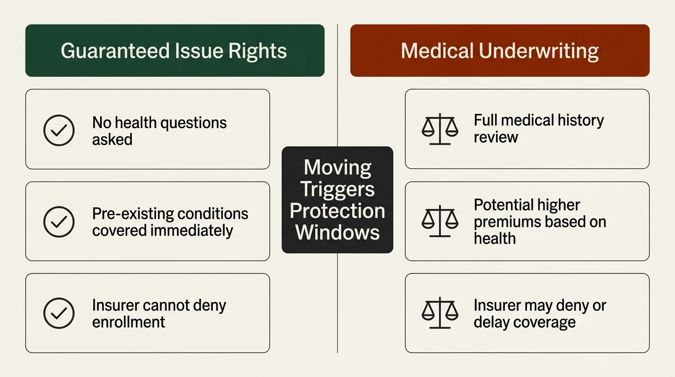 Comparison chart contrasting Guaranteed Issue Rights against Medical Underwriting around moving protection windows.