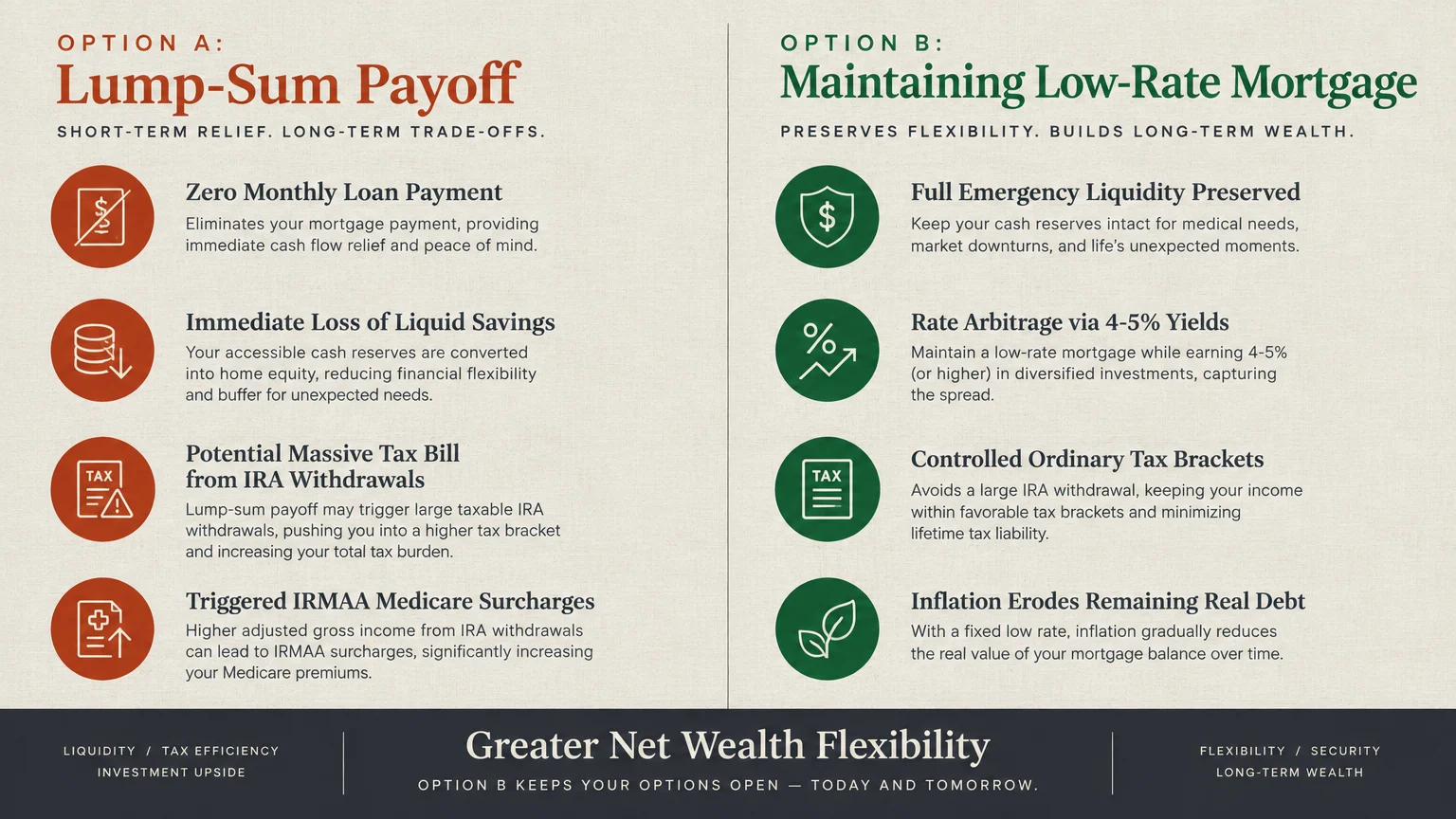 Comparison graphic contrasting the trade-offs of a lump-sum payoff against maintaining a low-rate mortgage.