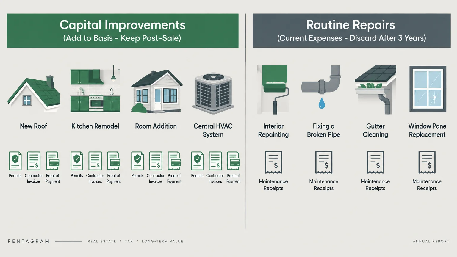 Side-by-side comparison chart dividing capital improvements from routine repairs with example home projects and receipts.