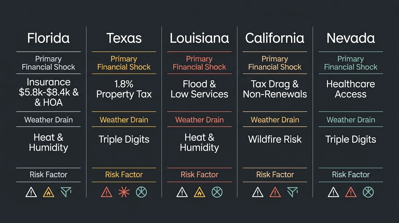 Comparison diagram of five states showing primary financial shocks, weather drains, and risk factor icons.