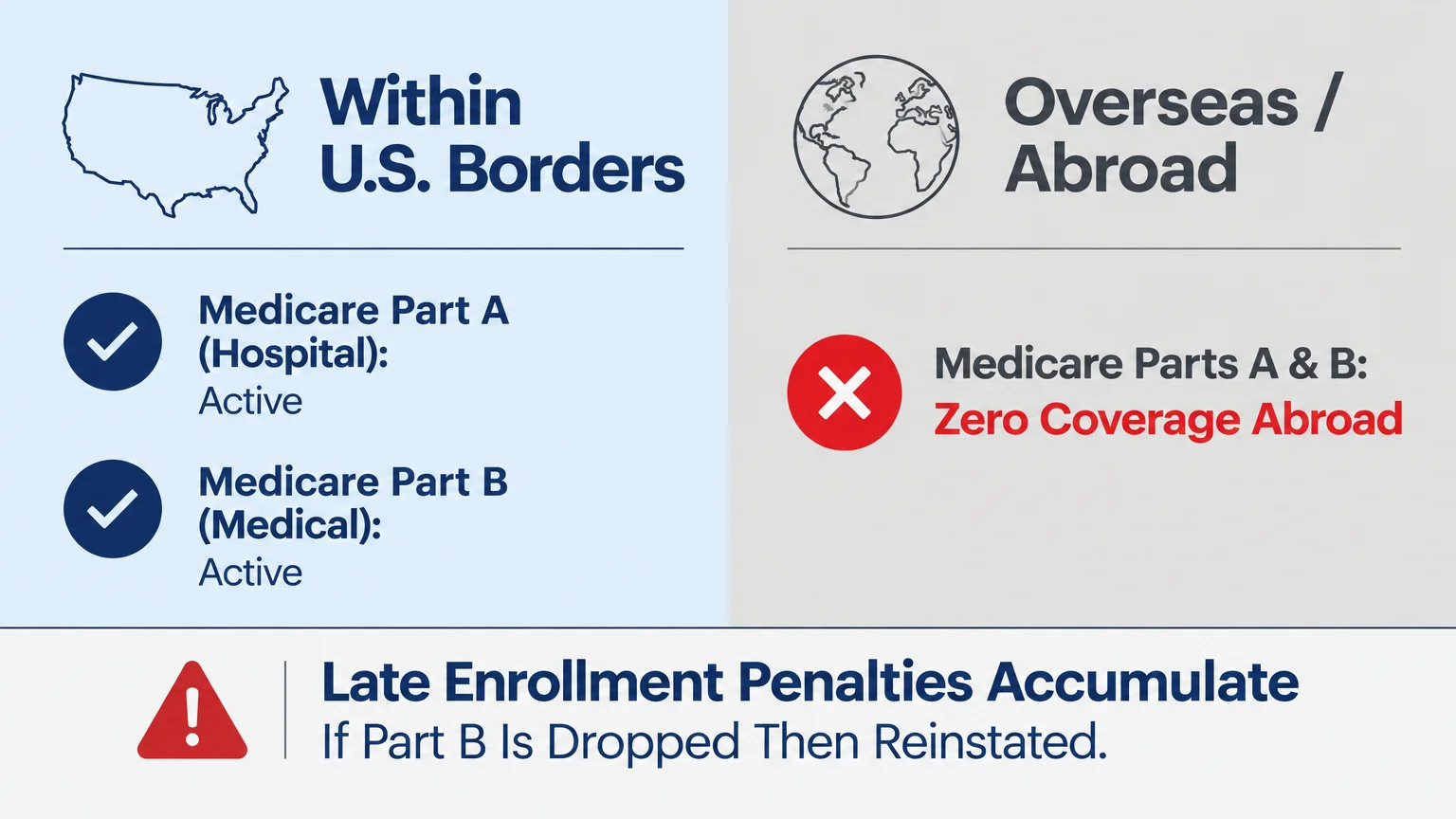 Infographic contrasting active Medicare Parts A and B coverage within U.S. borders against zero coverage overseas.