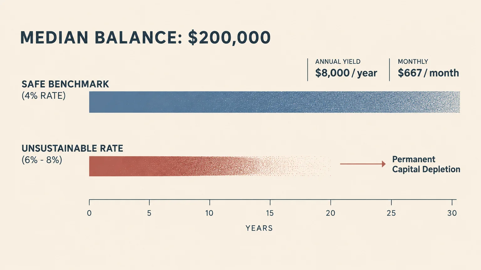 Chart comparing a safe 4% withdrawal rate surviving 30 years against an unsustainable 6% to 8% rate depleting capital.
