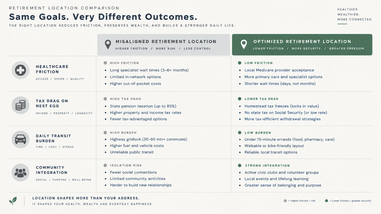 Infographic chart contrasting misaligned versus optimized retirement locations across healthcare, tax drag, transit, and community.