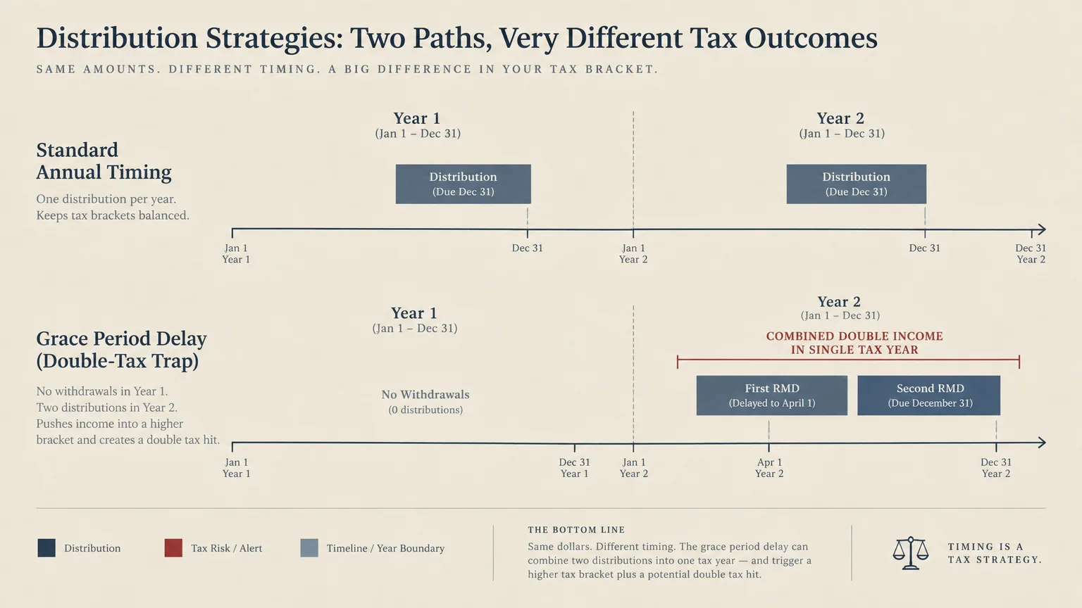 Diagram comparing standard annual RMD timing against a grace period delay that clusters two distributions in Year 2.