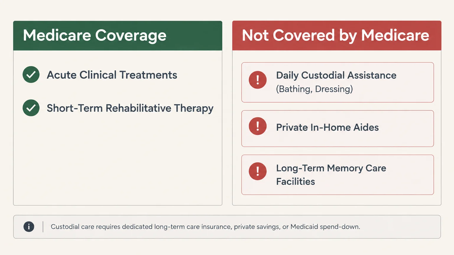Diagram comparing covered acute clinical treatments with services not covered by Medicare, such as daily custodial assistance.