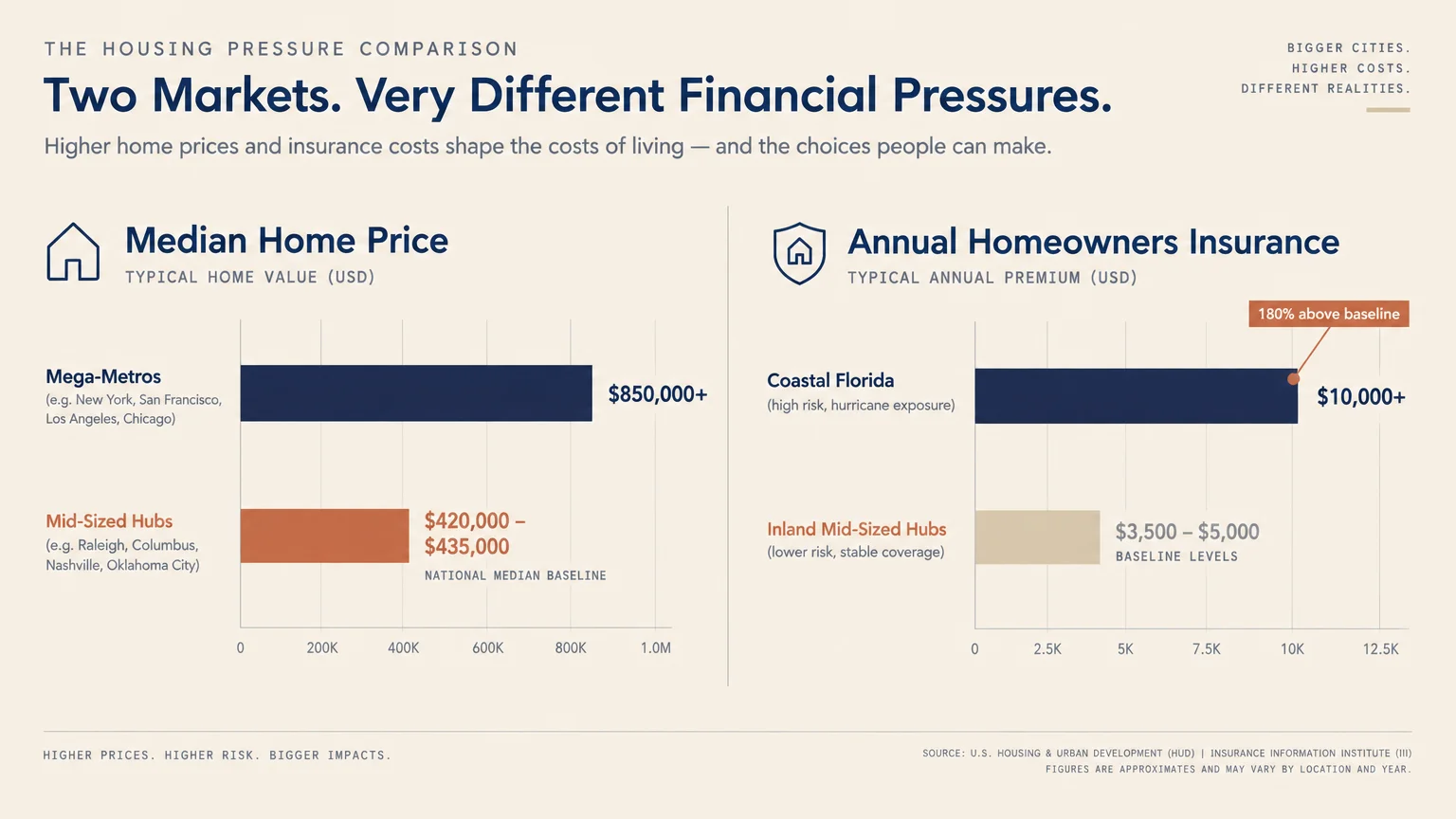 Bar charts comparing median home prices and annual homeowners insurance between mega-metros and mid-sized hubs.
