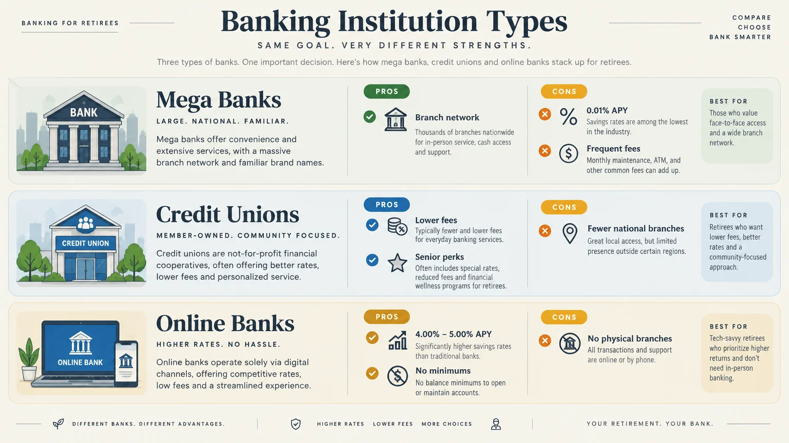 Infographic comparing Mega Banks, Credit Unions, and Online Banks across pros, cons, and best-fit retirement needs.
