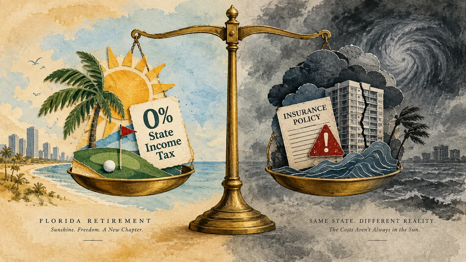 A balance scale weighing a sunny beach and golf scene against stormy waves, a cracked condo, and an insurance policy.