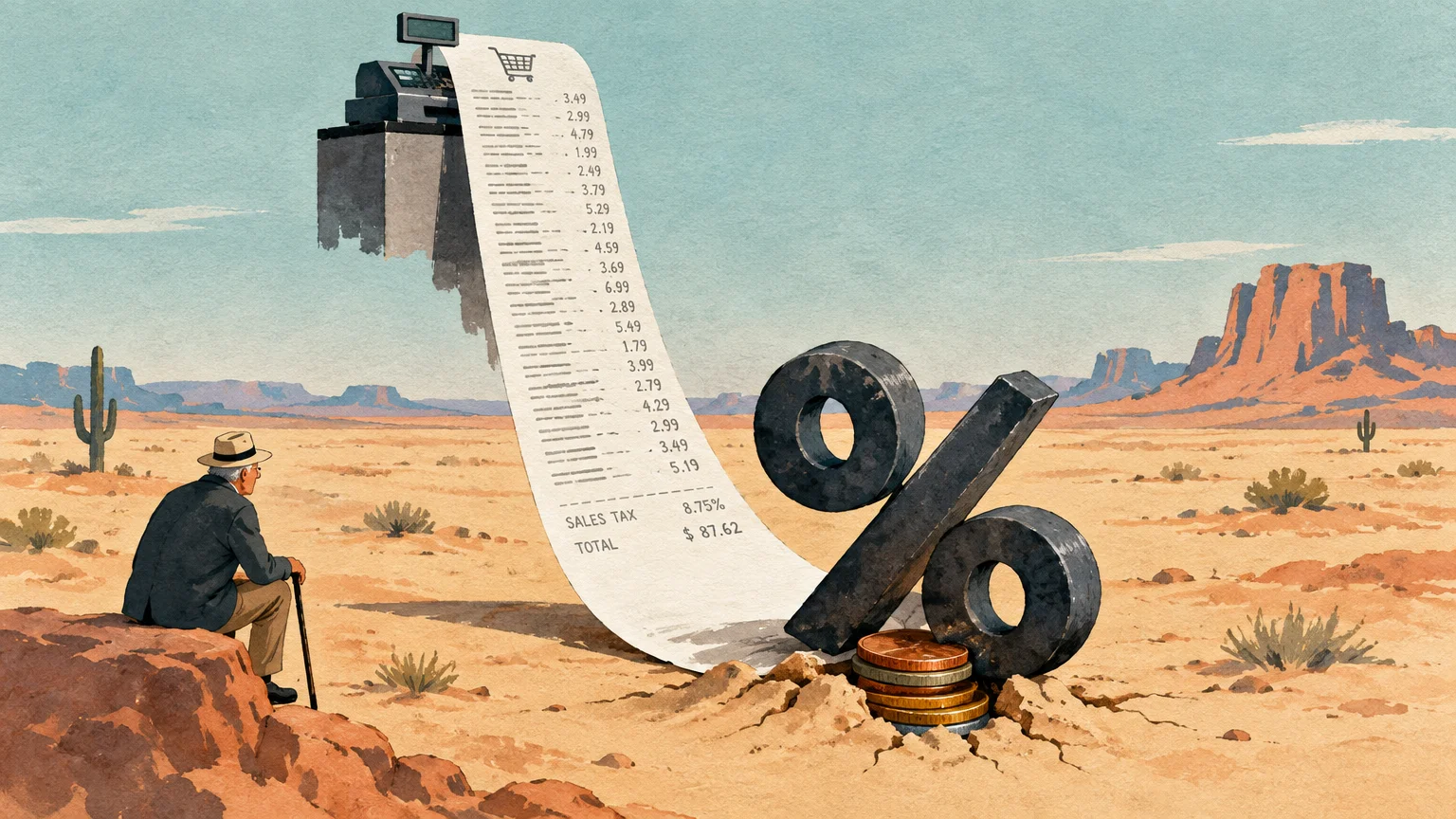 Elderly man in a desert looking at a long receipt cascading from a cash register toward a giant percent sign.