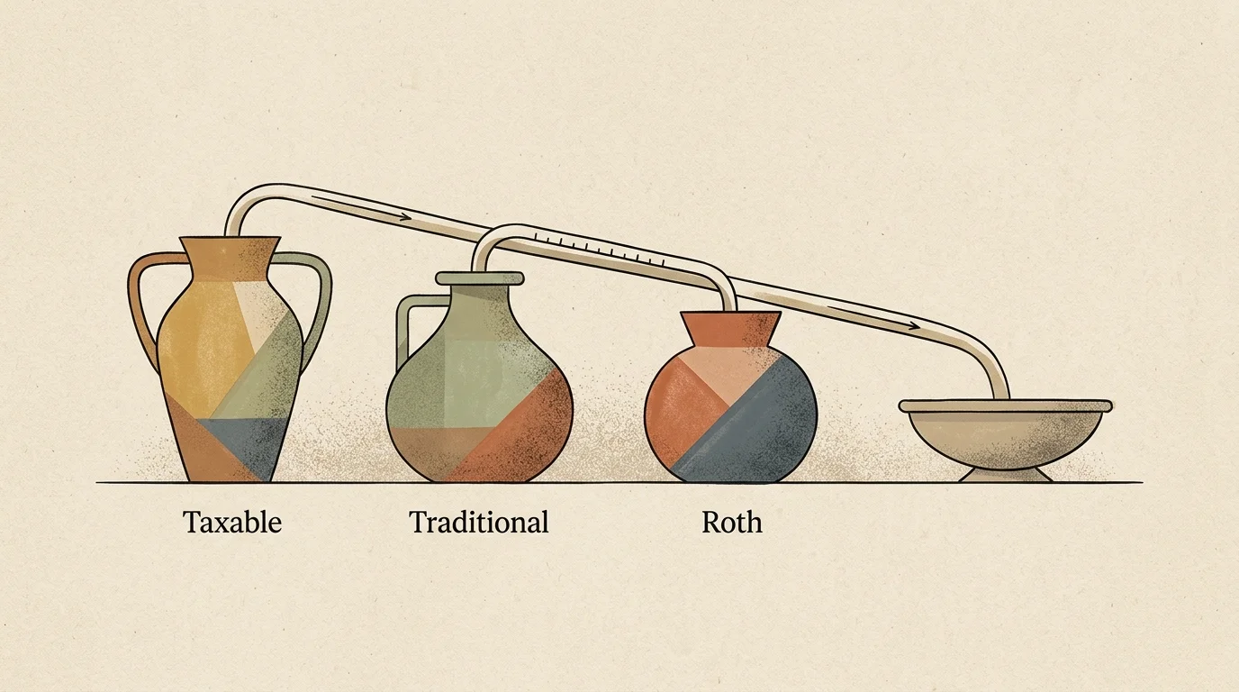 Illustration of three labeled ceramic jars—Taxable, Traditional, and Roth—connected by a pipe draining into a bowl.
