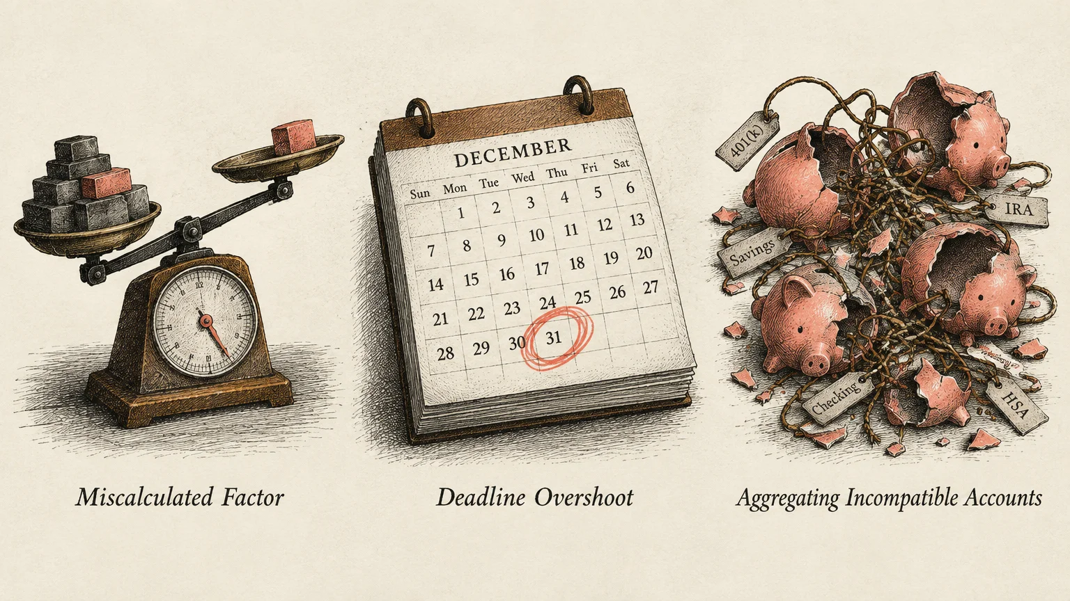 Three illustrations labeled Miscalculated Factor, Deadline Overshoot, and Aggregating Incompatible Accounts.