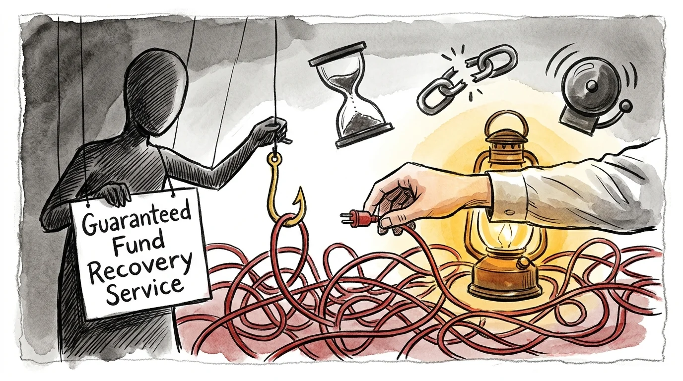 Illustration of a puppet figure holding a fund recovery sign near a fish hook, tangled wires, a lantern, and an hourglass.