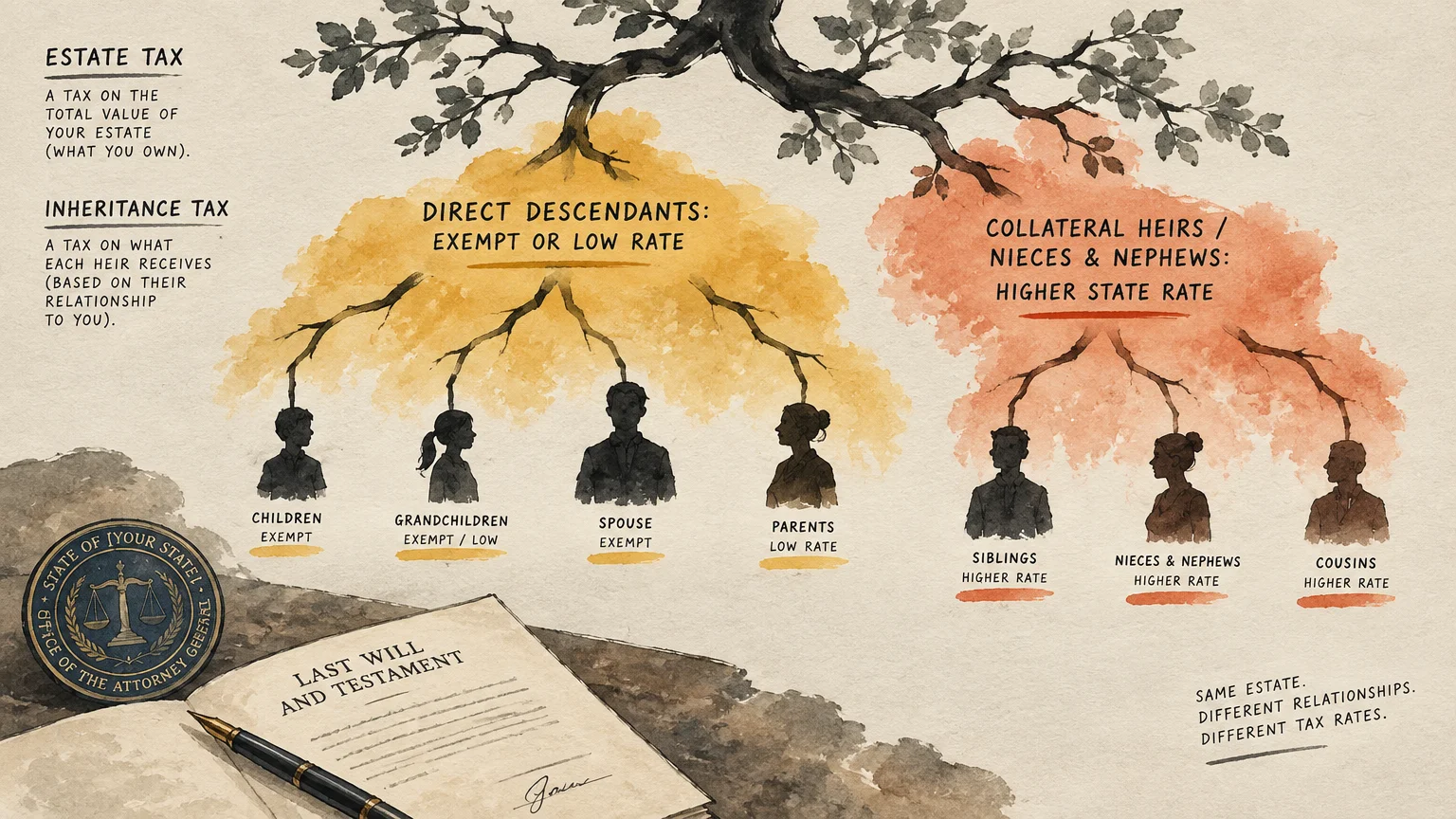 Illustration of a family tree branching to heirs categorized by direct descendants and collateral heirs above a will.