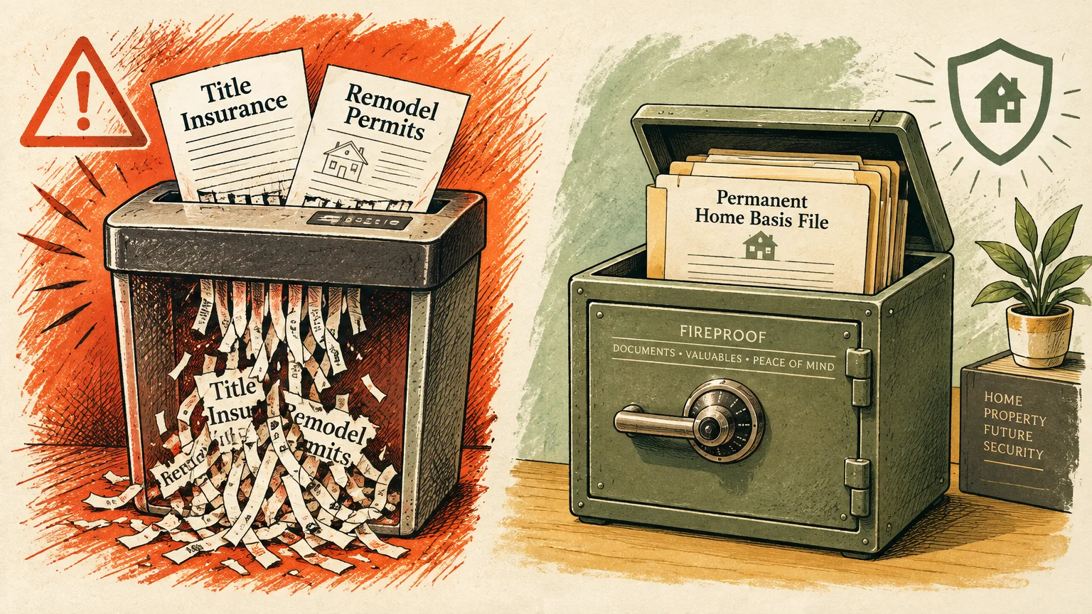 Illustration of property documents entering a paper shredder beside a safe storing a permanent home basis file.