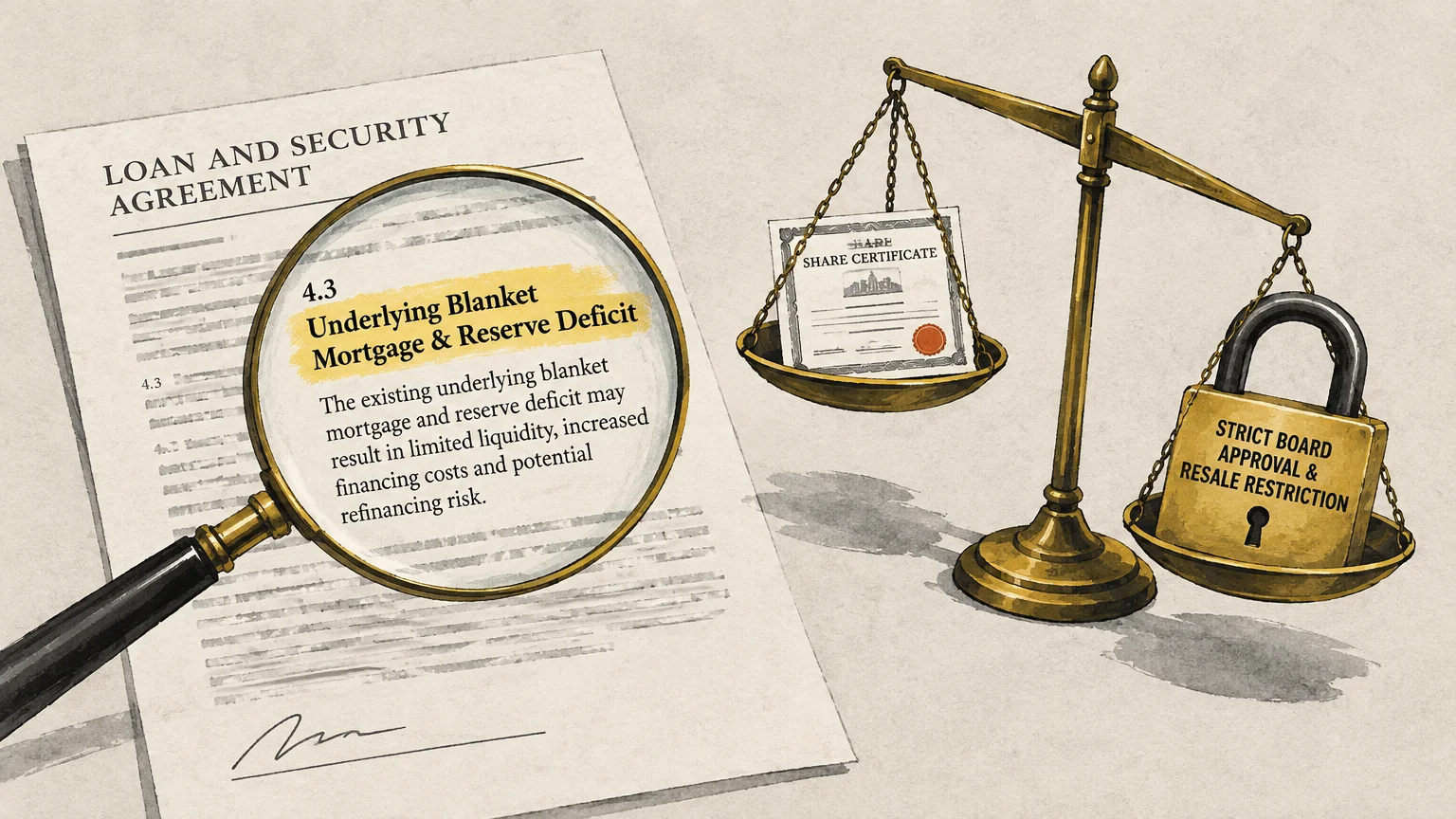 Magnifying glass over a loan agreement next to a scale balancing a share certificate against a locked padlock.