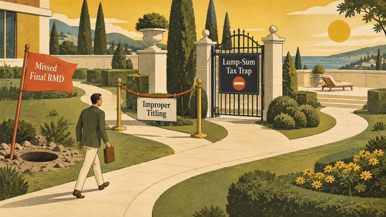Illustration of a man walking a path past signs reading Missed Final RMD, Improper Titling, and Lump-Sum Tax Trap.
