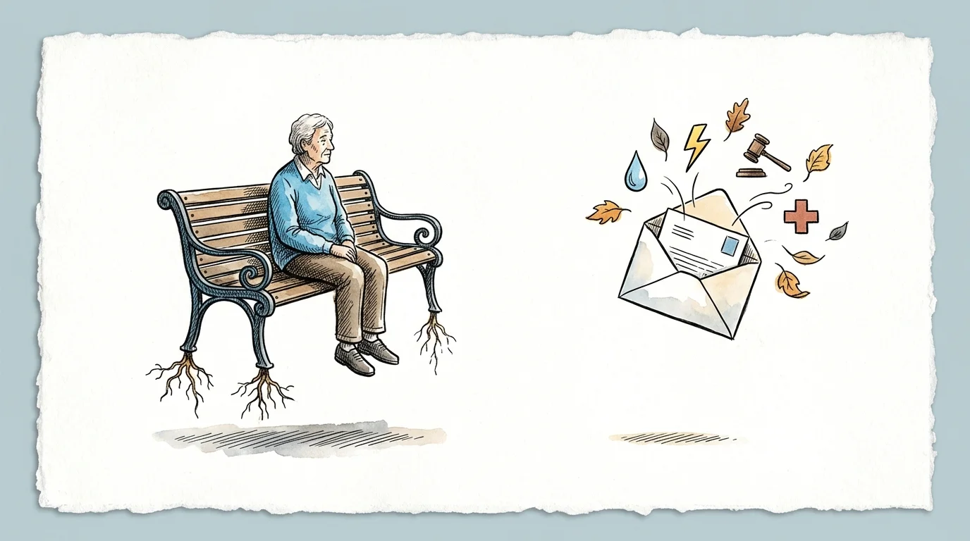 Illustration of an older person on an uprooted park bench facing a floating envelope surrounded by hardship symbols.