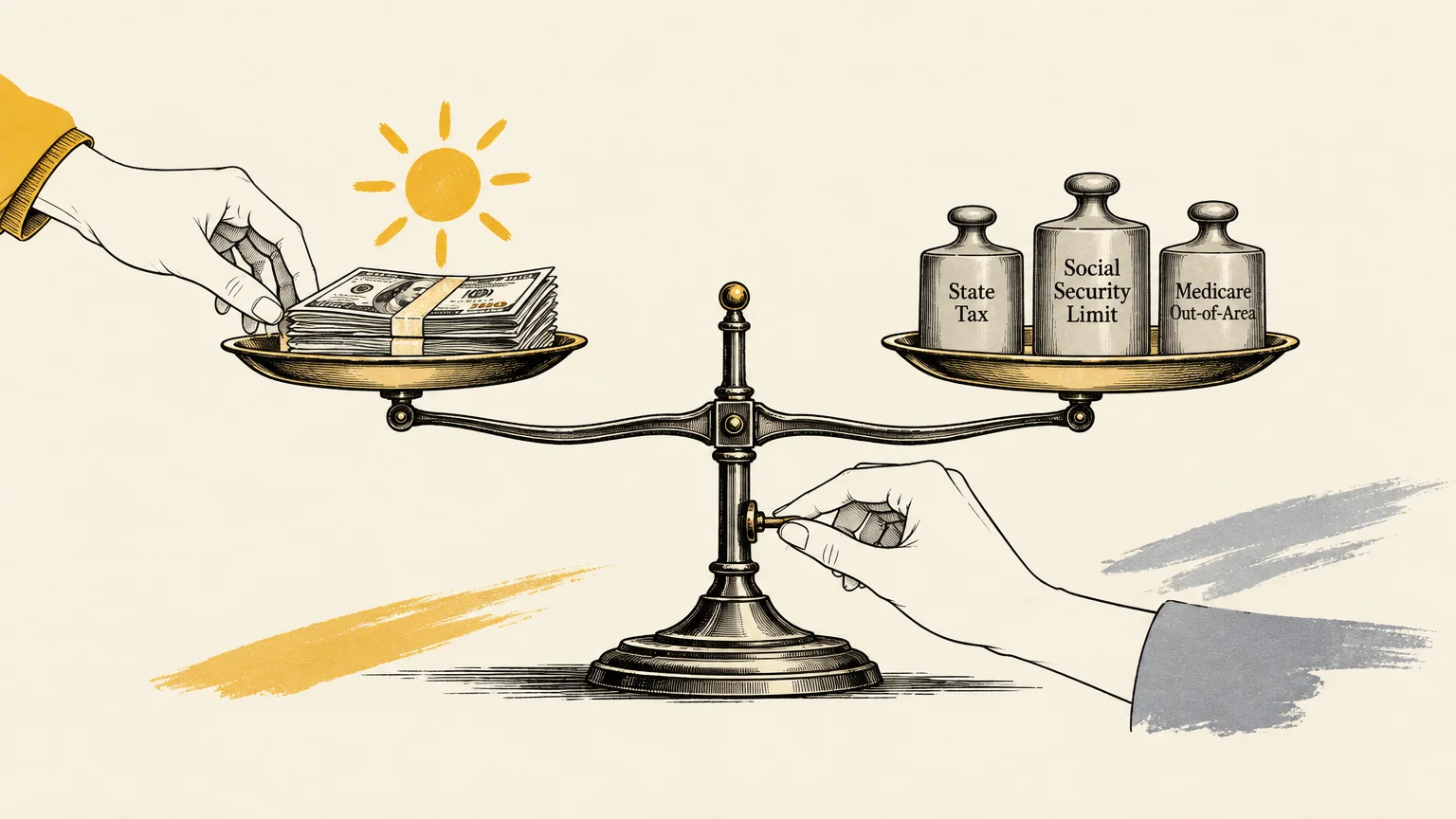 A balance scale weighing cash against weights labeled State Tax, Social Security Limit, and Medicare Out-of-Area.