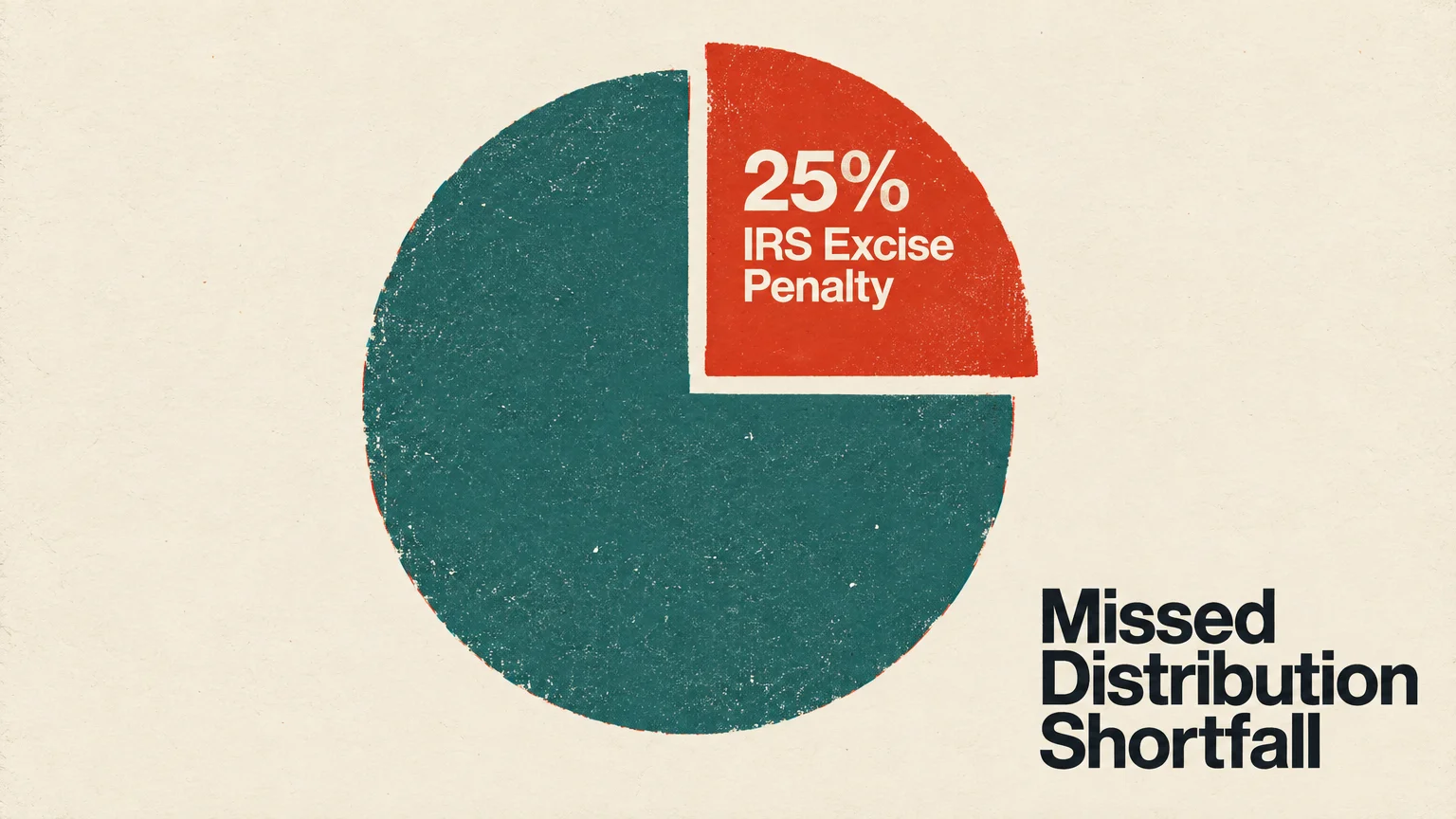 Pie chart with a red slice showing 25% IRS Excise Penalty and text reading Missed Distribution Shortfall.