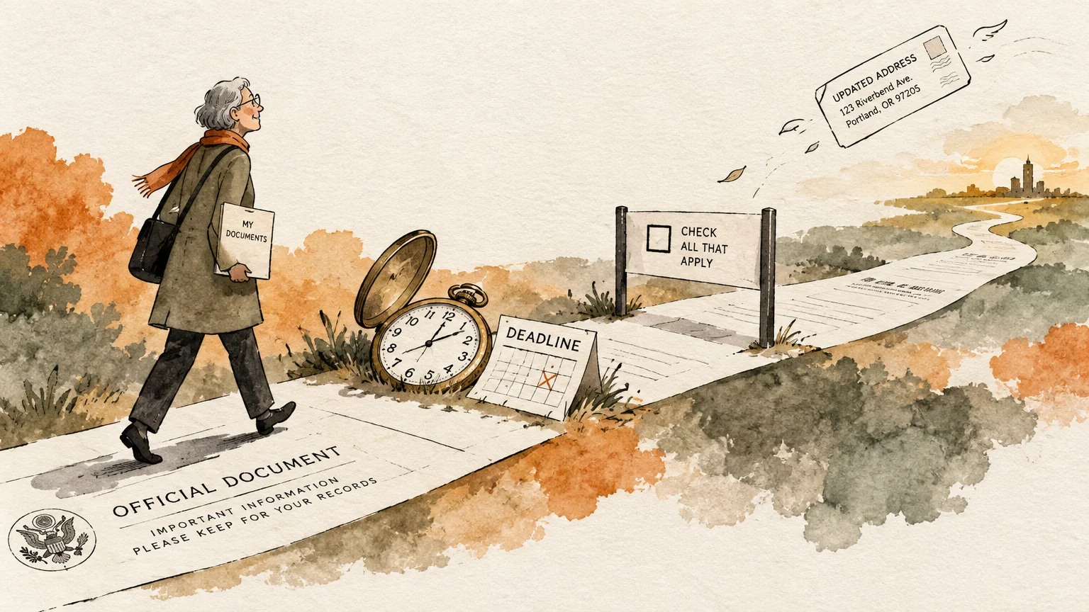 Illustration of an older woman walking along a winding path made of government benefit forms past a clock and calendar.