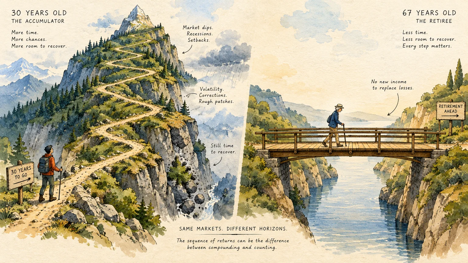 Split illustration of a young hiker on a winding mountain trail beside an older man crossing a wooden footbridge.