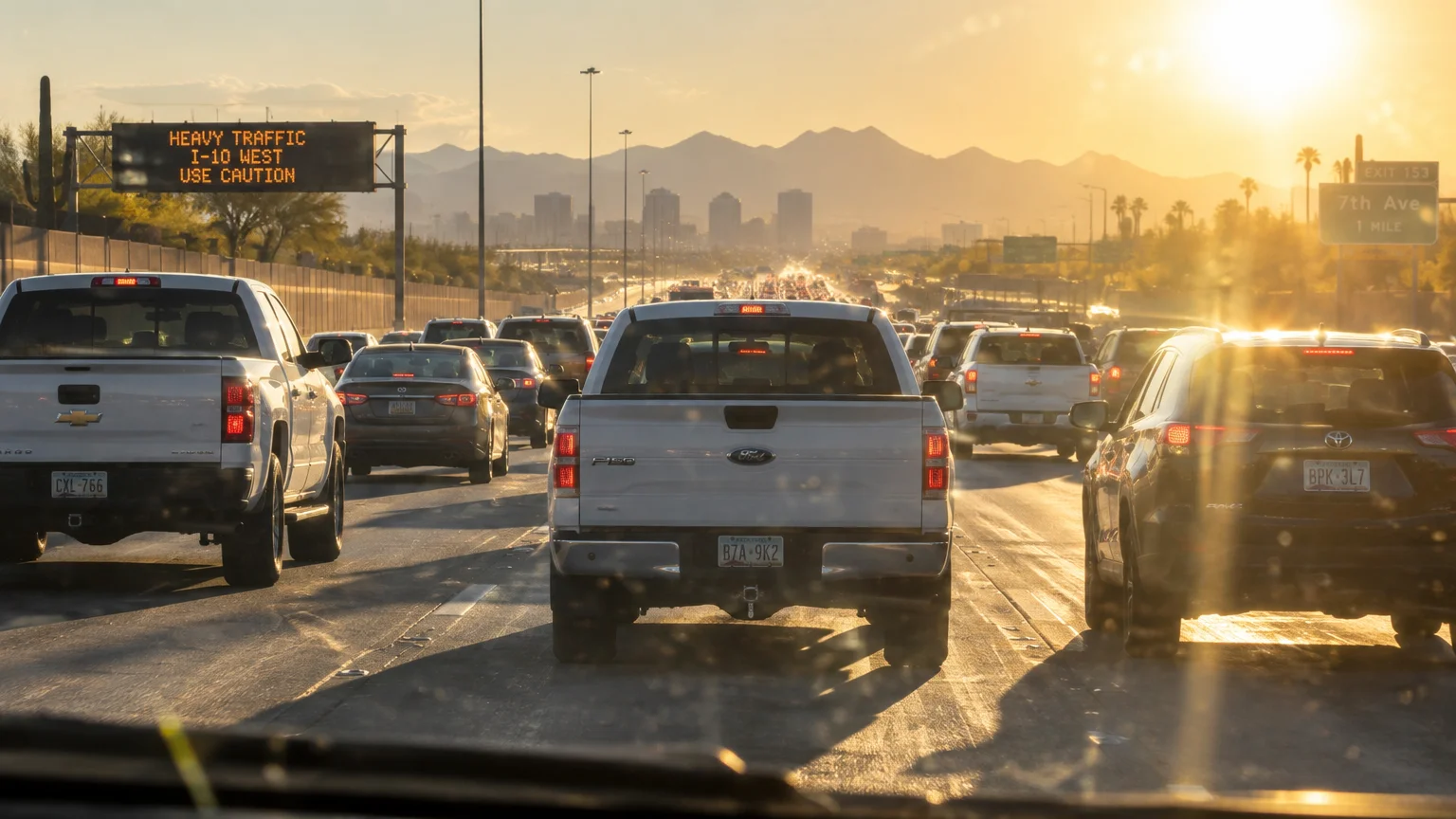 Heavy traffic congestion on an Arizona freeway heading toward city buildings and mountains during a bright sunset.