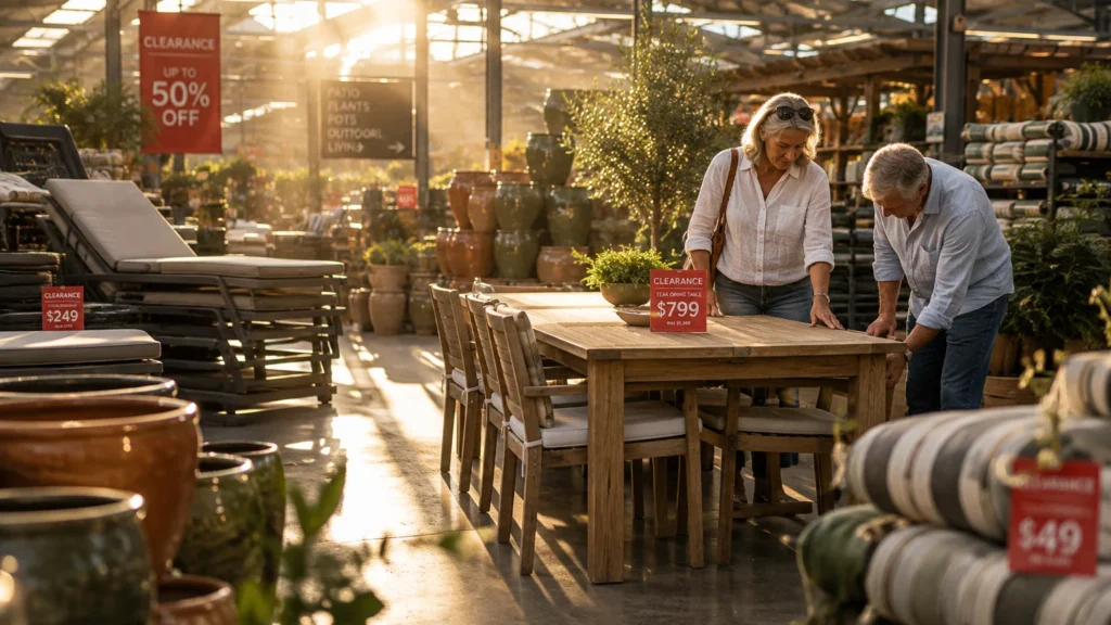 Senior couple examining a wooden dining table in a sunlit garden center patio furniture clearance section.